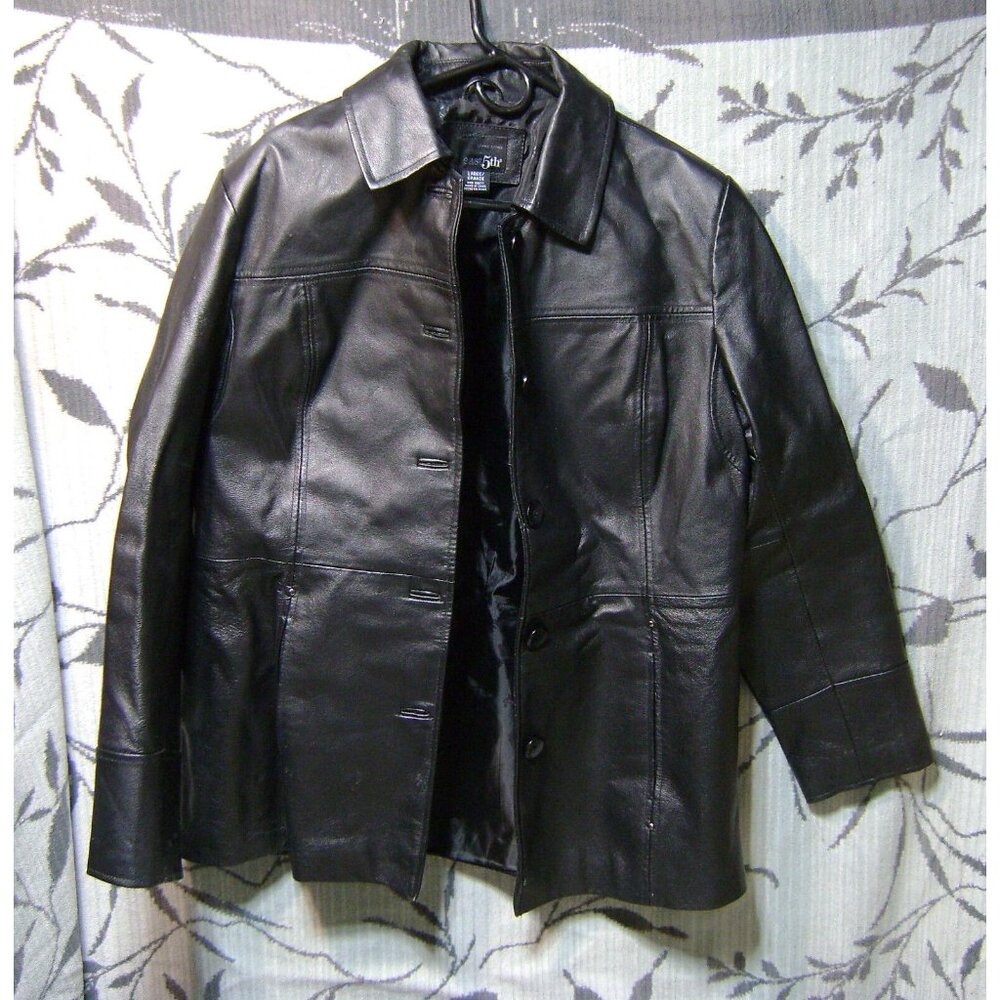 East 5TH Womens Leather Coat Sz L Black Single Breasted Button Up